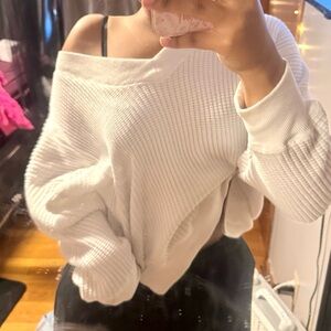 Amerian Eagle/Aerie Off-the-Shoulder Waffle Knit Sweater - White